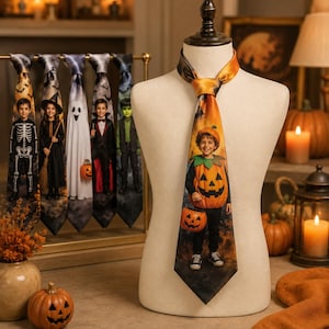 Op de afbeelding: Een stropdas met een fotoprint van een kind in een pompoenkostuum dat een pompoenemmer vasthoudt. De das heeft een oranje en zwart Halloween-thema met een donkere, sfeervolle achtergrond. Het wordt getoond op een paspop.