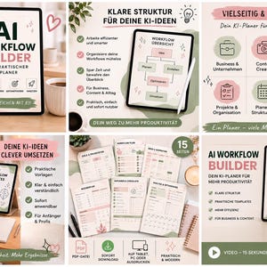 Könnte beinhalten: Ein digitaler AI Workflow Builder Planer mit 15 Seiten Vorlagen zur Organisation von Ideen, Arbeitsabläufen und Produktivität. Der Planer enthält Abschnitte für Business, Content-Erstellung und Projektmanagement und ist als PDF-Download für Tablets, PCs oder zum Ausdrucken verfügbar.