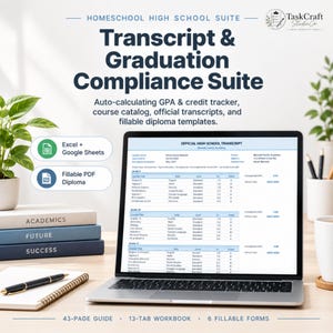 Op de afbeelding: Een laptop met een officieel middelbare schooltranscript met automatische GPA- en credit-trackerfuncties. Het scherm toont academische gegevens voor groep 9 tot en met 11. Tekst: Homeschool High School Suite en TaskCraft Studio Co.