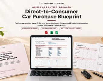 May include: A digital car buying guide titled Direct-to-Consumer Car Purchase Blueprint displayed on a laptop screen, accompanied by printed worksheets, a car key fob, and a pen. The documents include a platform comparison scorecard, inspection logs, and notes.