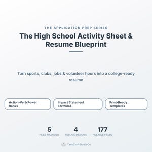 May include: A digital document titled The Application Prep Series: The High School Activity Sheet & Resume Blueprint. It includes Action-Verb Power Banks, Impact Statement Formulas, and Print-Ready Templates, with 5 files, 4 designs, and 177 fillable fields.