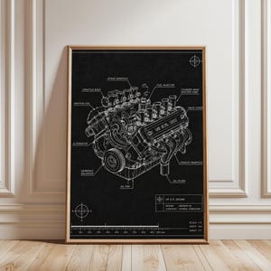 May include: A black and white technical blueprint poster of a V8 5.7L engine. The diagram features detailed line drawings of components including the intake manifold, fuel injector, alternator, and oil filter, with labels and a scale bar at the bottom.