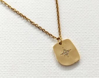 Rechteck Anhänger vergoldet Halskette Stern Strassstein Zirkonia Geschenk Rechteck Anhänger Charm Necklace personalisierbar