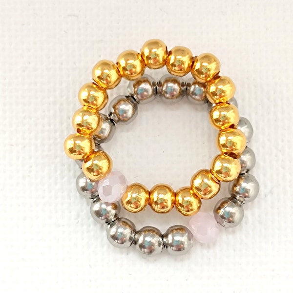 RING aus 304 Edelstahl Perlen Silber Gold mit facettierter Glasperle rosa glitzernd | Boho Stil Schmuck