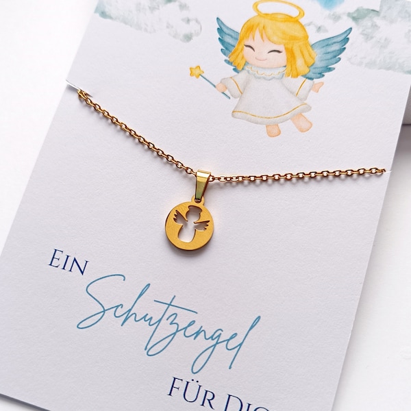 HALSKETTE Edelstahl mit rundem Engel Anhänger silber und gold / Geschenk für Jungen und Mädchen Kommunion Geburtstag Schutzengel