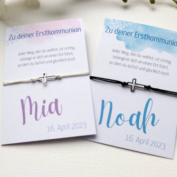 Personalisierbares Armband Kreuz Kommunion Geschenk Erstkommunion Namenkarte Glückwunschkarte mit Spruch Kinderarmband