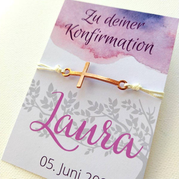 Kreuzarmband Konfirmation personalisiertes Geschenk Makrameeaband mit Kreuz roségold silber Glückwunschkarte