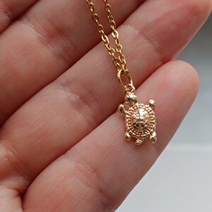 May include: A gold-colored turtle pendant necklace. The turtle charm is detailed with a textured shell and small legs. The necklace chain is delicate and also gold-toned. The jewelry is displayed against a blurred background.
