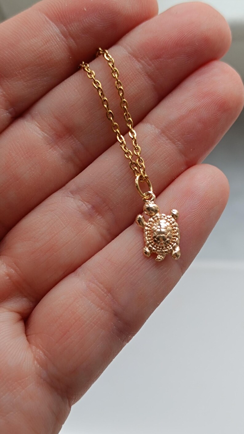 May include: A gold-colored turtle pendant necklace. The turtle charm is detailed with a textured shell and small legs. The necklace chain is delicate and also gold-toned. The jewelry is displayed against a blurred background.
