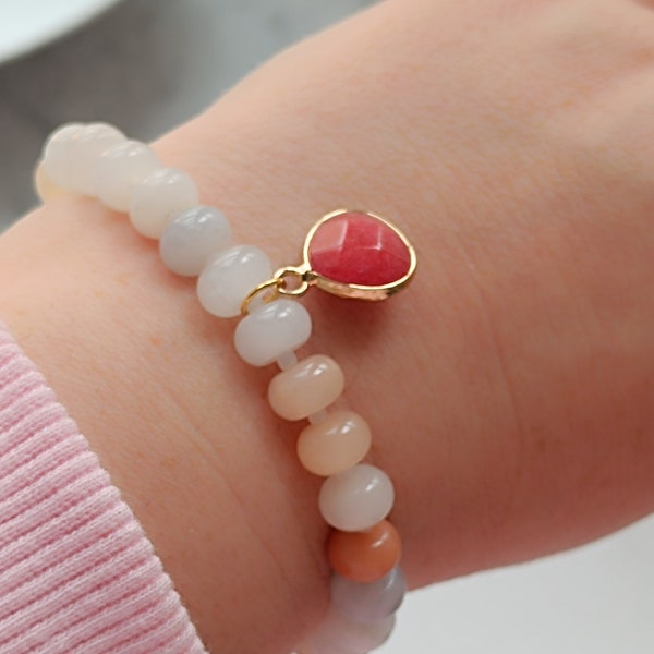 ARMBAND aus rosa Aventurin Rondellen und Jade Anhänger rot