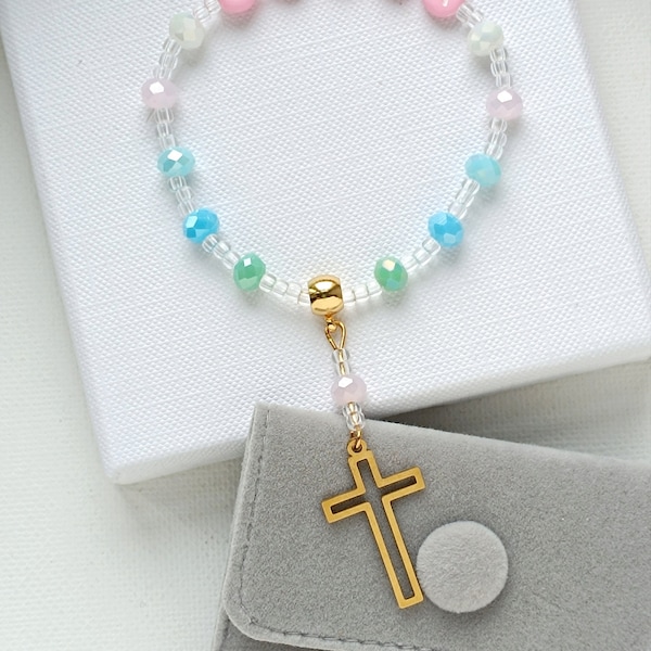 Rosenkranz Mini Kurz Brazalete Nombre Pastellfarben mit Kreuz Edelstahl / Geschenk für Mädchen Kommunion personalisierbare Glückwunschkarte