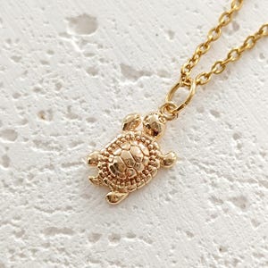 May include: A gold-colored turtle pendant necklace. The pendant is a detailed miniature turtle with a textured shell and small flippers. The necklace chain is also gold and delicate, with a lobster clasp.