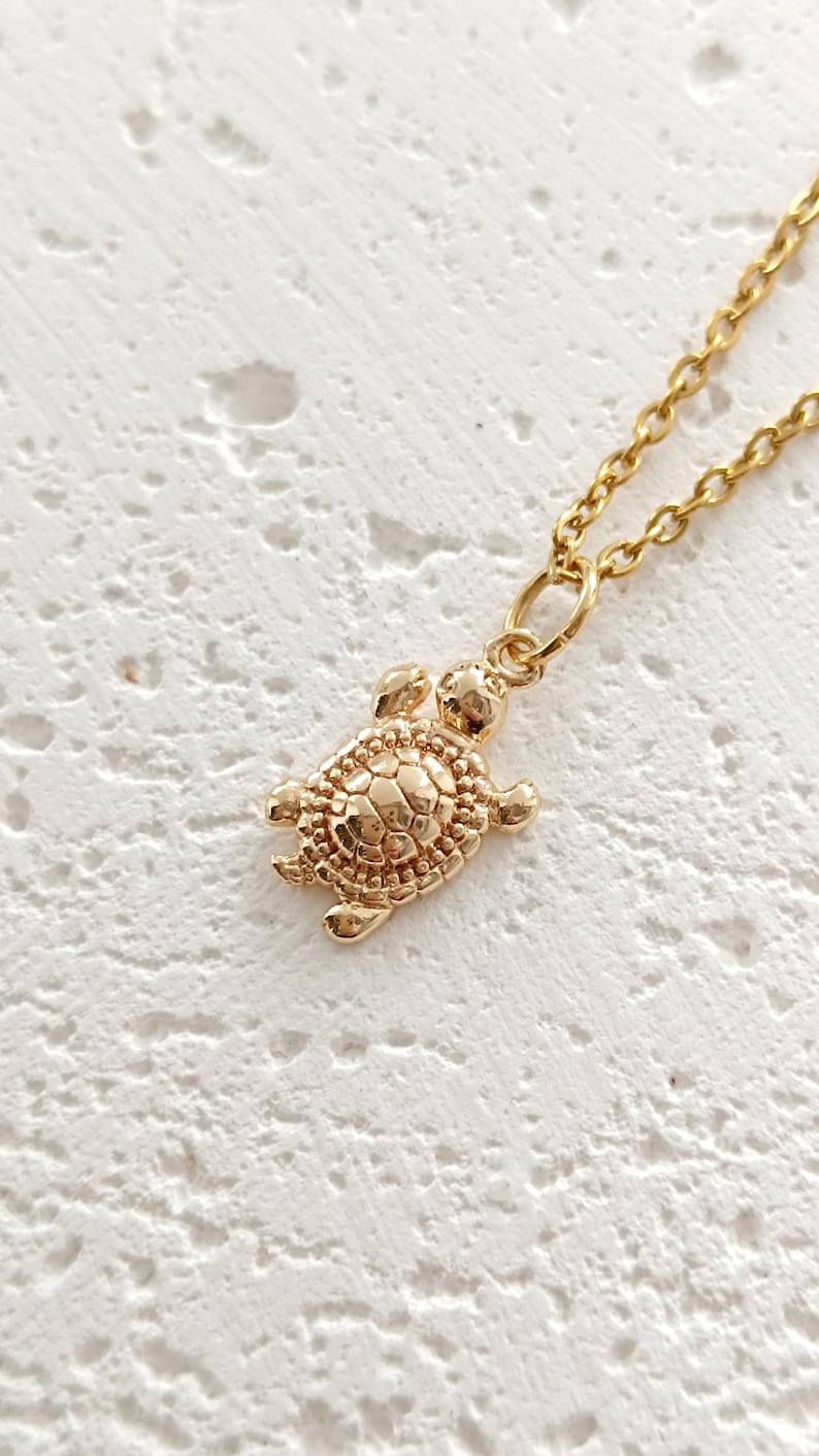 May include: A gold-colored turtle pendant necklace. The pendant is a detailed miniature turtle with a textured shell and small flippers. The necklace chain is also gold and delicate, with a lobster clasp.