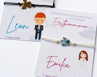 ARMBAND Nylonschnur mit Engel Anhänger aus Edelstahl für Mädchen und Jungen| Geschenk zur Kommunion mit personalisierter Karte