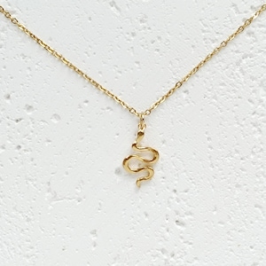 May include: A gold snake pendant necklace on a delicate chain. The snake is curled in a simple, elegant design.