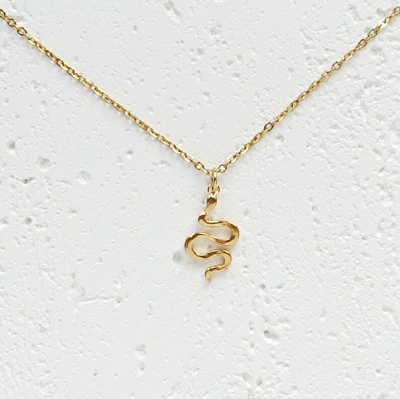 May include: A gold snake pendant necklace on a delicate chain. The snake is curled in a simple, elegant design.