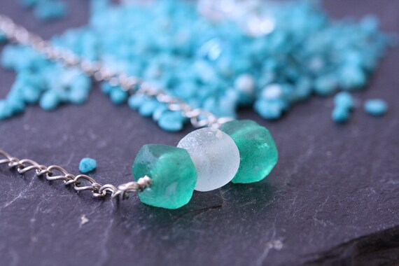 Sea glass necklace Seeglas Halskette grün weiss Meer silber  Glasperlenkette
