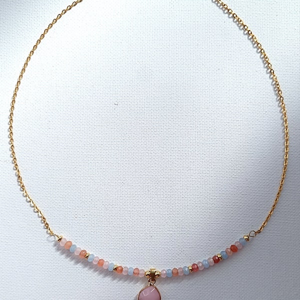 HALSKETTE aus Edelstahl gold zierlich aus Jaderondellen rosa türkis mit Jade Anhänger | Boho Schmuck  minimalistisch