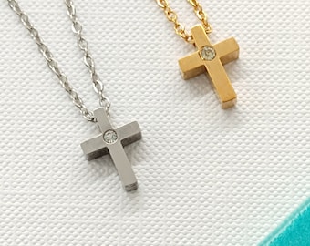 Edelstahl mit Kreuz und Strassstein KETTE en argent et or | Geschenk zur Kommunion für Mädchen und Jungen personaliserbare Geschenkkarte