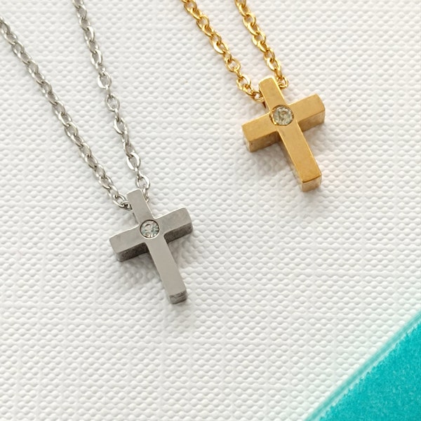 KETTE Edelstahl mit Kreuz und Strassstein en plata y oro / Geschenk zur Kommunion für Mädchen und Jungen personaliserbare Geschenkkarte