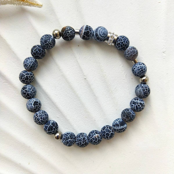 Agate Achat Crackle Armband blau Perlen silber Strassteine Boho Yoga Hippie Sommerschmuck Edelstein