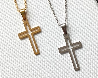 HALSKETTE aus Edelstahl mit Kreuzanhänger in silber und gold / Geschenk zur Kommunion für Mädchen und Jungen personalisierbare Geschenkkarte