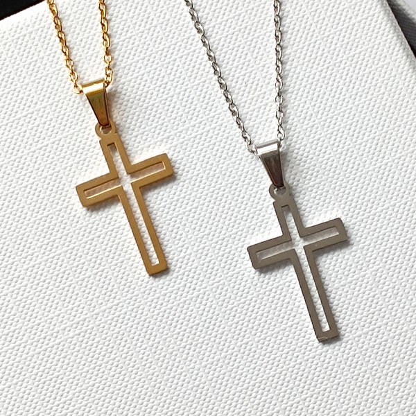 HALSKETTE aus Edelstahl mit Kreuzanhänger in silber und gold / Geschenk zur Kommunion für Mädchen und Jungen personalisierbare Geschenkkarte