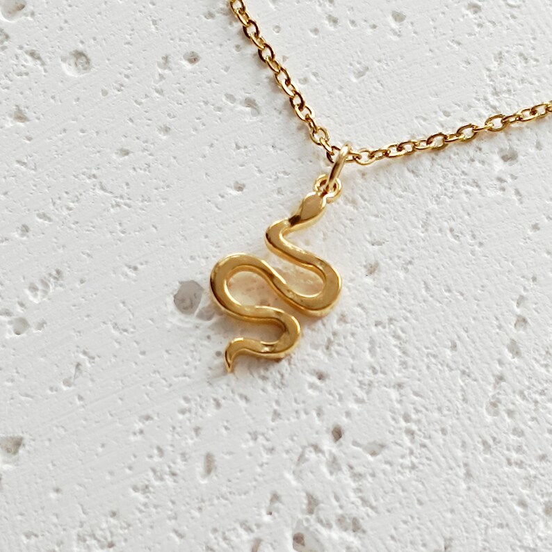 May include: A gold snake pendant necklace with a delicate chain.