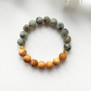 Brazalete difusor Edelsteinarmband Sesam-Kiwi Jaspis mit Holzperlen Boho