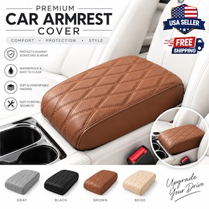 May include: A brown car armrest cover featuring a diamond-stitched pattern. The text reads PREMIUM CAR ARMREST COVER, COMFORT, PROTECTION, STYLE, PROTECTS AGAINST SCRATCHES & WEAR, WATERPROOF & EASY TO CLEAN, SOFT & COMFORTABLE PADDING, EASY TO INSTALL SECURE FIT.