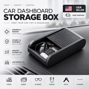 May include: A black rectangular car dashboard storage box with a sliding ribbed lid. The open compartment contains sunglasses, a car key fob, coins, and a small white case. Text on the image reads: CAR DASHBOARD STORAGE BOX, SMART, COMPACT, ESSENTIAL.