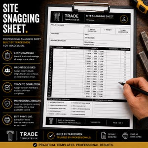 Site Snagging Sheet Template | Editable Word & Printable PDF | Construction Snag List | Builders, Joiners, Tradesmen
