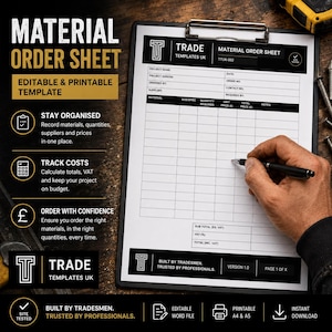 Material Order Sheet Template | Tradesman and Builder Template | Editable Word & PDF