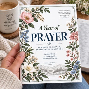 May include: A book titled A Year of PRAYER with 52 weeks of prayer, scripture & gratitude. The cover features floral illustrations, a landscape sketch, and the text Devote yourselves to prayer, keeping alert in it with an attitude of thanksgiving.