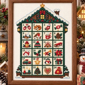 Puede incluir: Un calendario de Adviento de punto de cruz enmarcado con forma de casa y veinticuatro cuadrados numerados. Cada cuadrado muestra un icono festivo, incluyendo manoplas, un zorro, un calcetín, una piña, una casa de jengibre, un pingüino y un árbol.