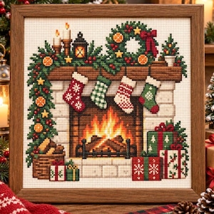 May include: A framed cross-stitch embroidery depicting a fireplace scene with a lit fire, four hanging stockings in red, green, and white, a decorated garland with candles and a wreath, and several wrapped Christmas gifts on the hearth.