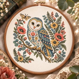 May include: A circular wooden embroidery hoop containing a cross-stitch pattern of a barn owl perched on a branch. The owl is surrounded by colorful embroidered flowers, green foliage, a small butterfly, and berries on a white fabric background.