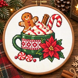 May include: A cross-stitch embroidery in a round wooden hoop featuring a green mug filled with white whipped cream, a gingerbread man, a cinnamon stick, and a candy cane. A red poinsettia flower and two small peppermint candies sit below.