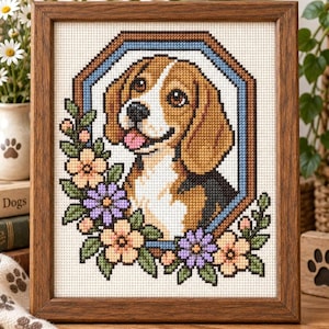 May include: A framed cross-stitch embroidery featuring a beagle dog with brown, white, and black fur, depicted with a pink tongue. The dog is framed by a blue and brown octagonal border and decorated with clusters of peach and purple flowers.