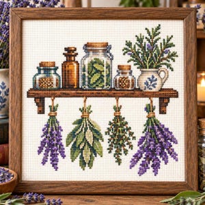 May include: A framed cross-stitch embroidery depicting a wooden shelf holding four glass jars and a small pitcher filled with green herbs. Below the shelf, four bundles of dried herbs and flowers in shades of purple and green hang downward.