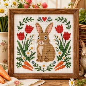 May include: A square cross-stitch embroidery in a brown wooden frame featuring a brown rabbit centred among red tulips, green foliage, small white flowers, and orange carrots, with a small red heart at the top centre on white fabric.