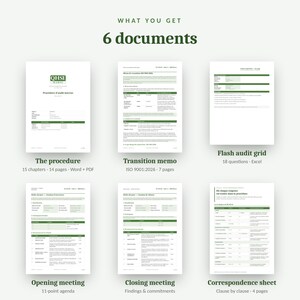 May include: A collection of six documents titled WHAT YOU GET 6 documents, including The procedure, Transition memo, Flash audit grid, Opening meeting, Closing meeting, and Correspondence sheet, featuring dark green text and headers on white paper.