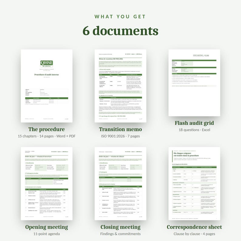 May include: A collection of six documents titled WHAT YOU GET 6 documents, including The procedure, Transition memo, Flash audit grid, Opening meeting, Closing meeting, and Correspondence sheet, featuring dark green text and headers on white paper.