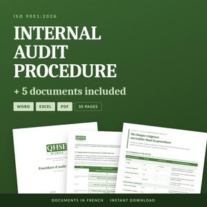 May include: A digital document set titled ISO 9001:2026 Internal Audit Procedure with 5 included documents in Word, Excel, and PDF formats. The green graphic displays the text 30 pages and shows three white document pages with French text.