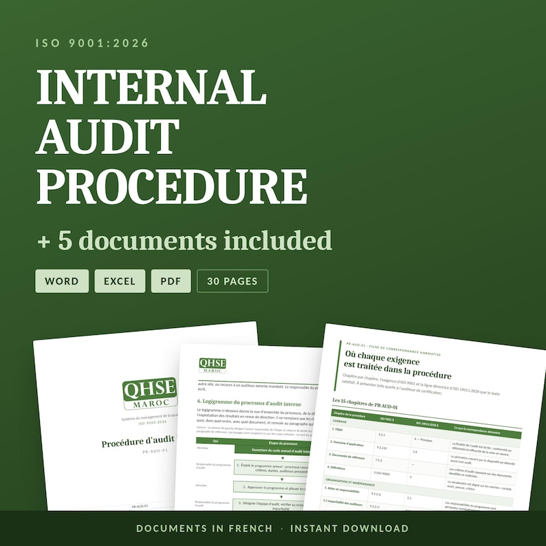 May include: A digital document set titled ISO 9001:2026 Internal Audit Procedure with 5 included documents in Word, Excel, and PDF formats. The green graphic displays the text 30 pages and shows three white document pages with French text.