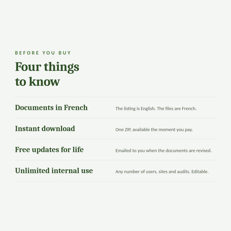 May include: A digital information graphic with dark green text on a light background titled Before You Buy Four things to know. It lists Documents in French, Instant download, Free updates for life, and Unlimited internal use with descriptions.