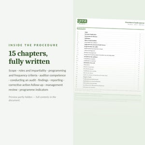 May include: A document titled Proc&eacute;dure d'audit interne with the QHSE MAROC logo, featuring a 15-chapter table of contents. The text includes sections on scope, roles, impartiality, programming, auditor competence, findings, and reporting.