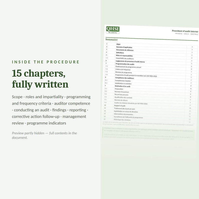 May include: A document titled Proc&eacute;dure d'audit interne with the QHSE MAROC logo, featuring a 15-chapter table of contents. The text includes sections on scope, roles, impartiality, programming, auditor competence, findings, and reporting.