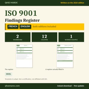 Puede incluir: Registro de hallazgos ISO 9001 edición 2026 de QHSE MAROC. Incluye versiones en francés e inglés, 2 libros de trabajo, 12 columnas y 1 ejemplo resuelto. Contiene una plantilla de Excel para un registro y un ejemplo de registro completado.