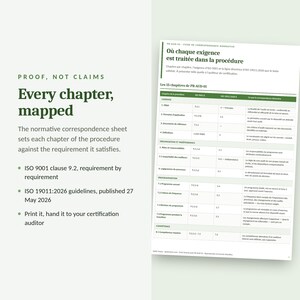 May include: A white document titled Proof, Not Claims, Every chapter, mapped, featuring a normative correspondence sheet. It lists ISO 9001 clause 9.2 requirements against ISO 19011:2026 guidelines in a table format with green headers and text.